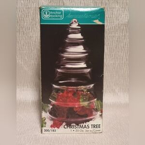 Vintage Anchor Hocking Christmas Tree Lidded Jar 25  oz.